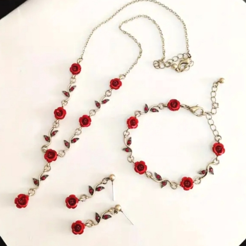 Women's Vintage Boho Brass Rose Jewelry Gift Set | Necklace Bracelet & Earrings